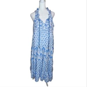 Calypso St. Barth Daria Block Print Maxi Dress Blue and White Size Small